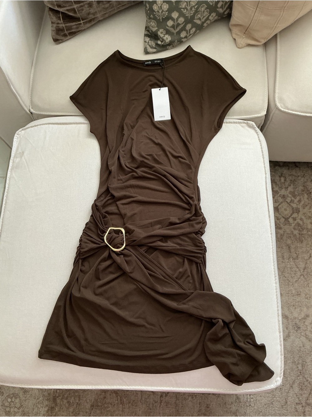 Mango Chocolate Brown Midi Dress with Gold Buckle